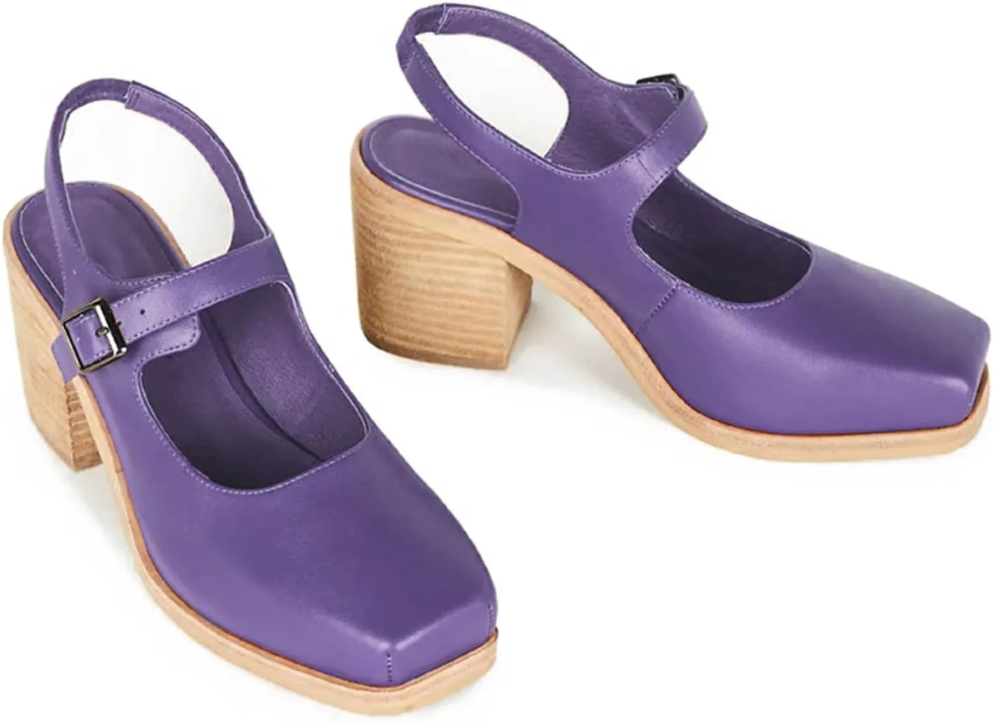 MOOMMO Women Block High Heel Slingback Mary Jane Pumps Platform Square Toe Ankle Buckle Strap Closed Toe Sandals 3 Inch Stacked Chunky Heel Dress Pumps Matte Retro Comfy Office Daily 4-11 M US