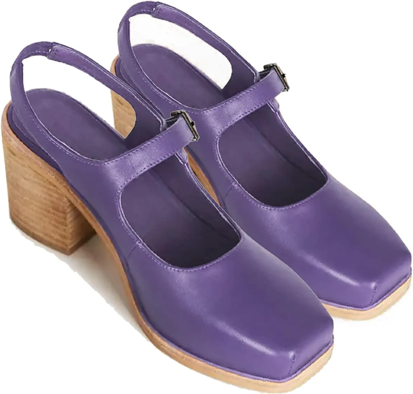 MOOMMO Women Block High Heel Slingback Mary Jane Pumps Platform Square Toe Ankle Buckle Strap Closed Toe Sandals 3 Inch Stacked Chunky Heel Dress Pumps Matte Retro Comfy Office Daily 4-11 M US