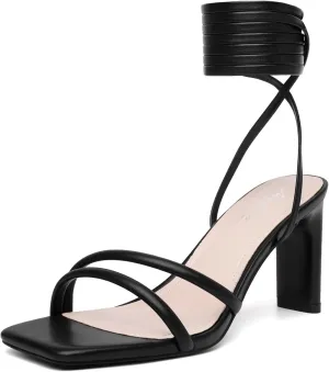 Mostrin Womens Sandals Strappy Heels for Women Ankle Strap Lace Up Heels Square Open Toe Heels Tie Up Stiletto High Heeled Sandals for Prom, Party, Daily Wear