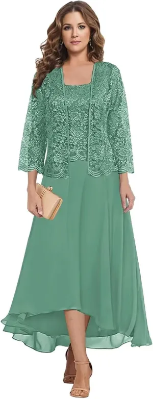 Mother of The Bride Dresses Tea Length - 2 Pieces Lace Chiffon Grandmother of The Groom Dresses with Jacket