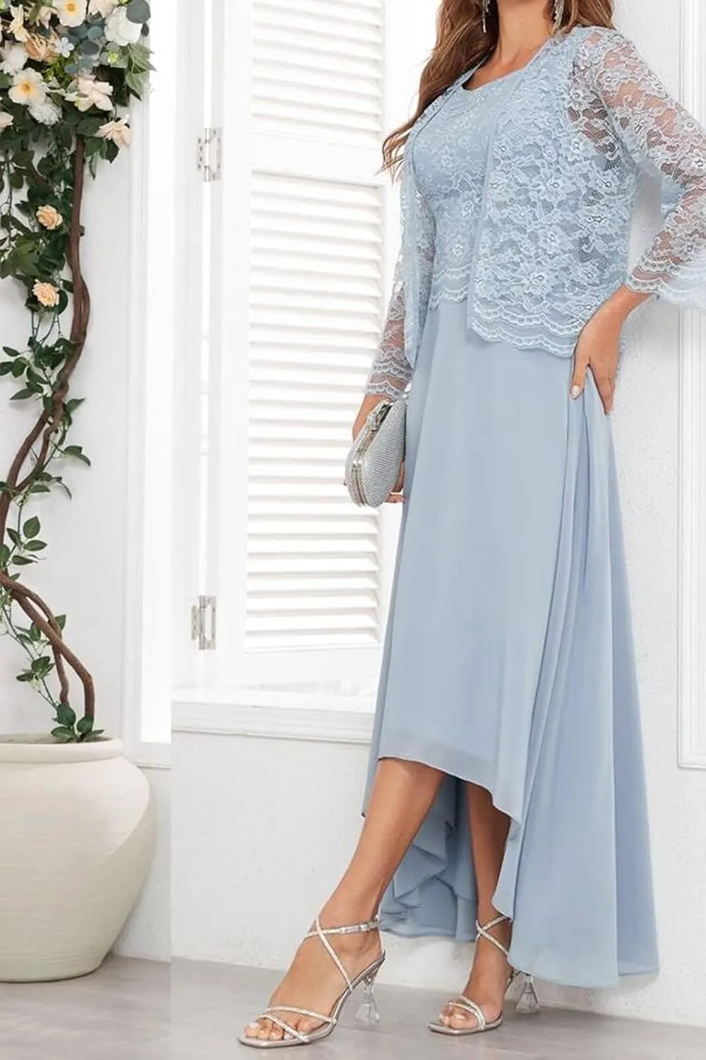 Mother of The Bride Dresses Tea Length - 2 Pieces Lace Chiffon Grandmother of The Groom Dresses with Jacket
