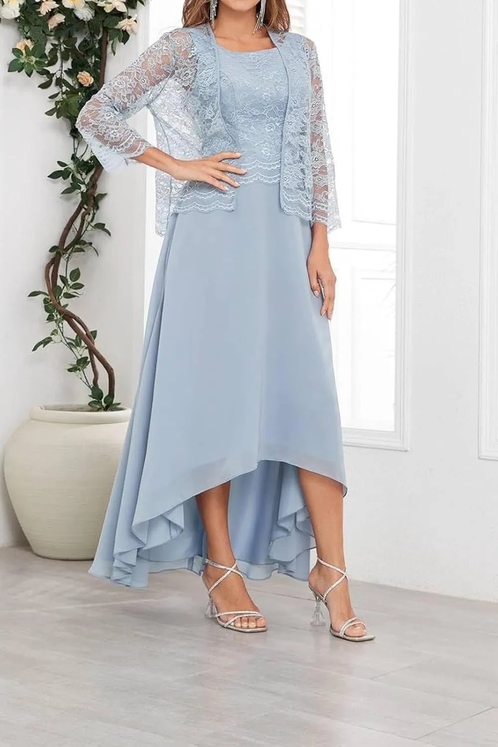 Mother of The Bride Dresses Tea Length - 2 Pieces Lace Chiffon Grandmother of The Groom Dresses with Jacket