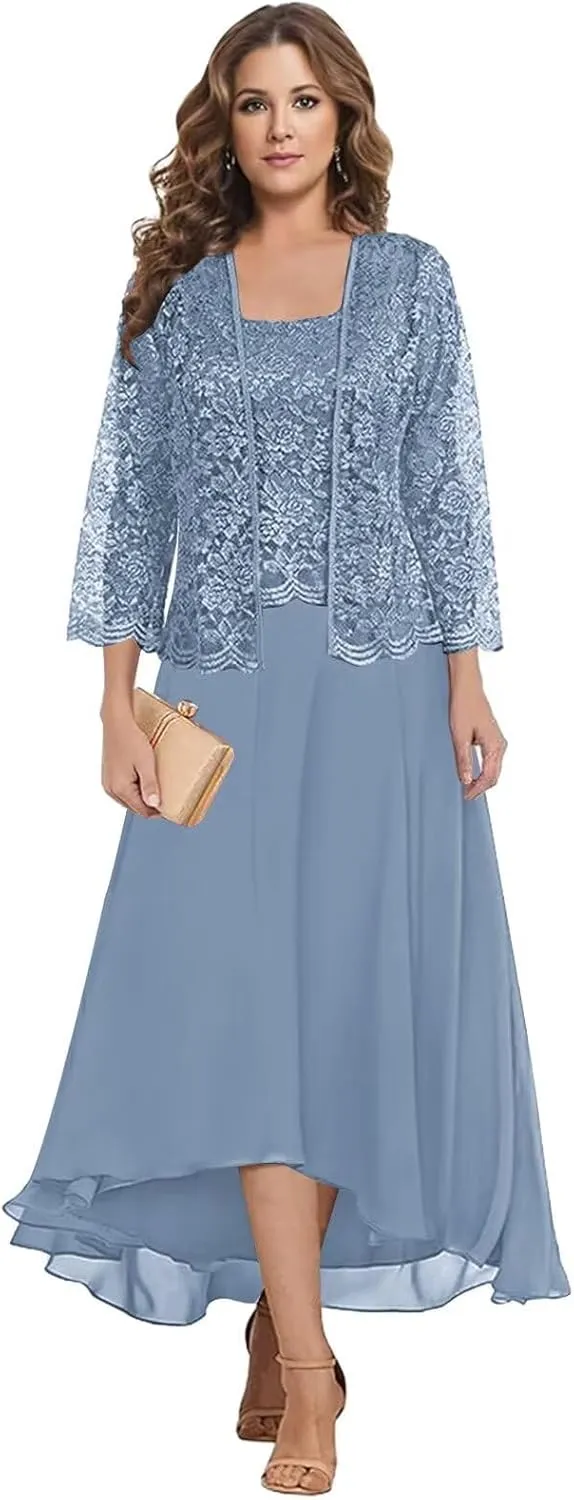 Mother of The Bride Dresses Tea Length - 2 Pieces Lace Chiffon Grandmother of The Groom Dresses with Jacket