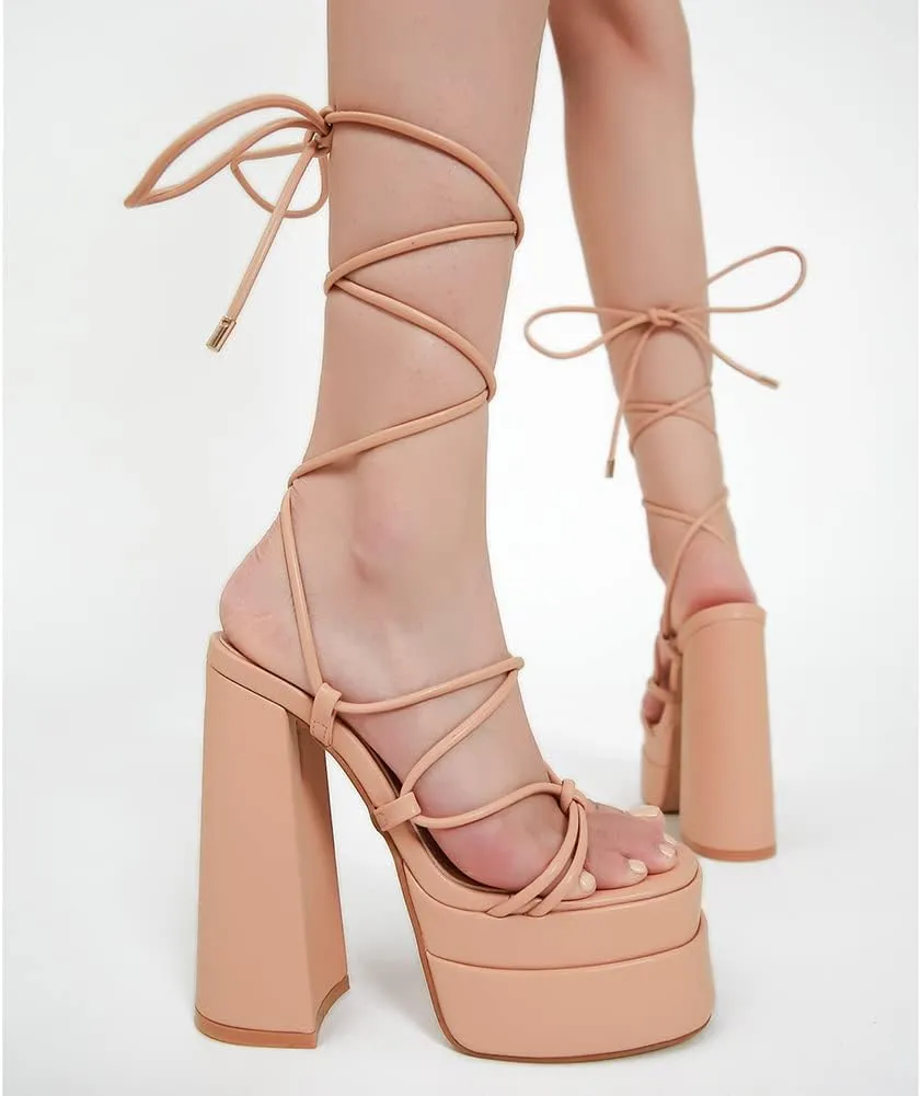 MRKEWUNEY Womens Platform Heels Lace Up Peep Toe Block Heels Wedge Dress Pumps