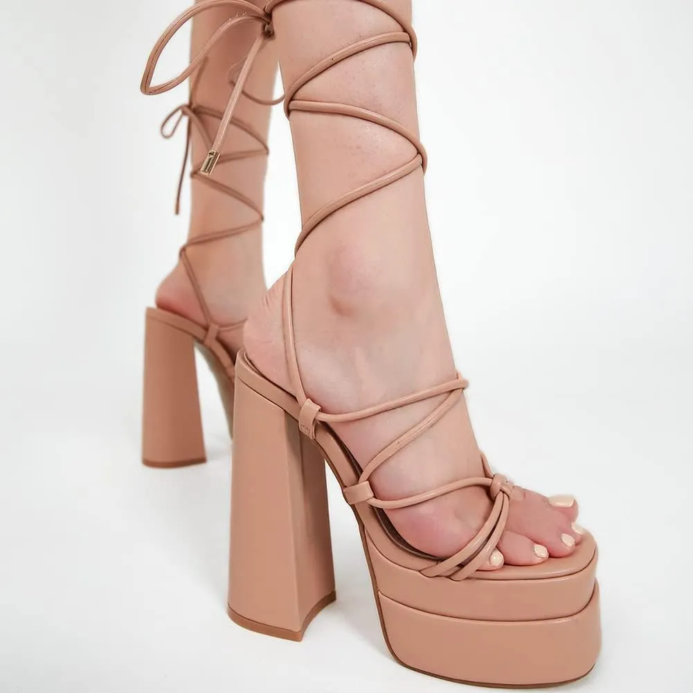 MRKEWUNEY Womens Platform Heels Lace Up Peep Toe Block Heels Wedge Dress Pumps