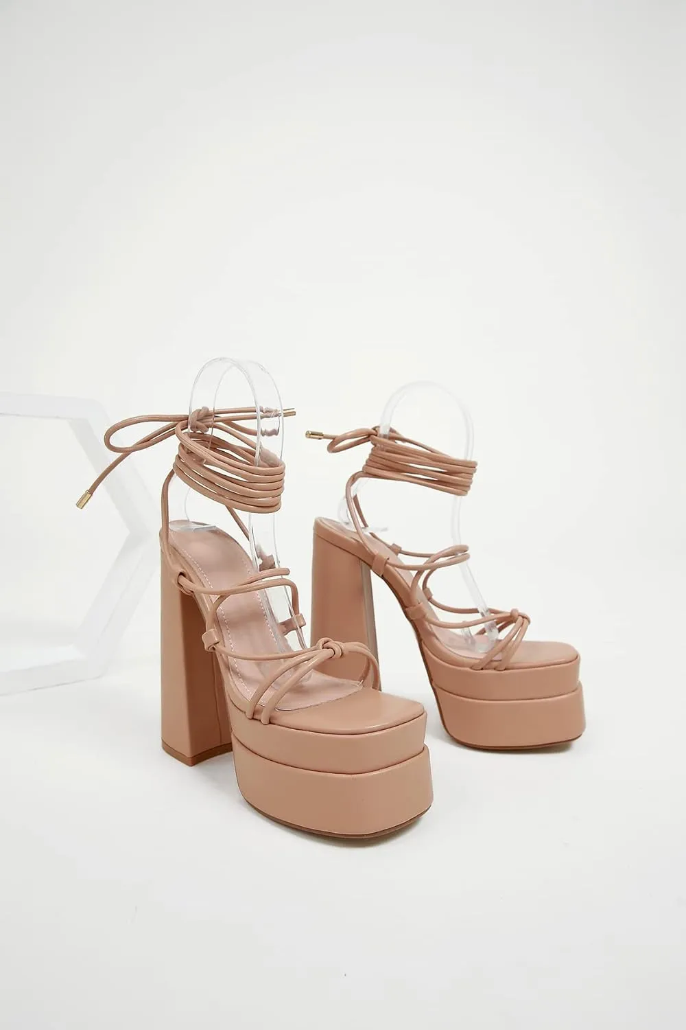 MRKEWUNEY Womens Platform Heels Lace Up Peep Toe Block Heels Wedge Dress Pumps