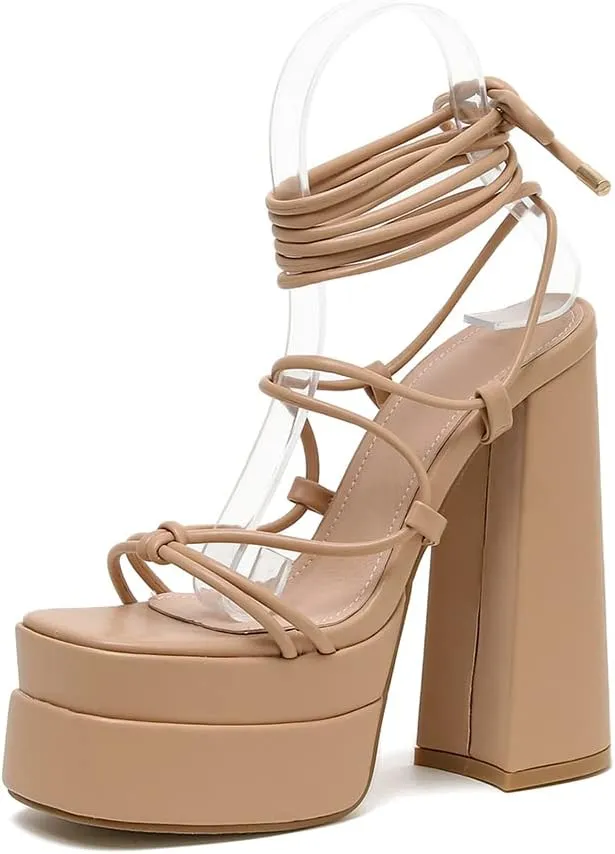 MRKEWUNEY Womens Platform Heels Lace Up Peep Toe Block Heels Wedge Dress Pumps