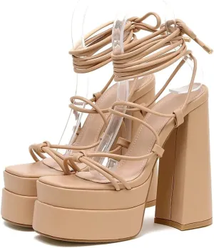 MRKEWUNEY Womens Platform Heels Lace Up Peep Toe Block Heels Wedge Dress Pumps