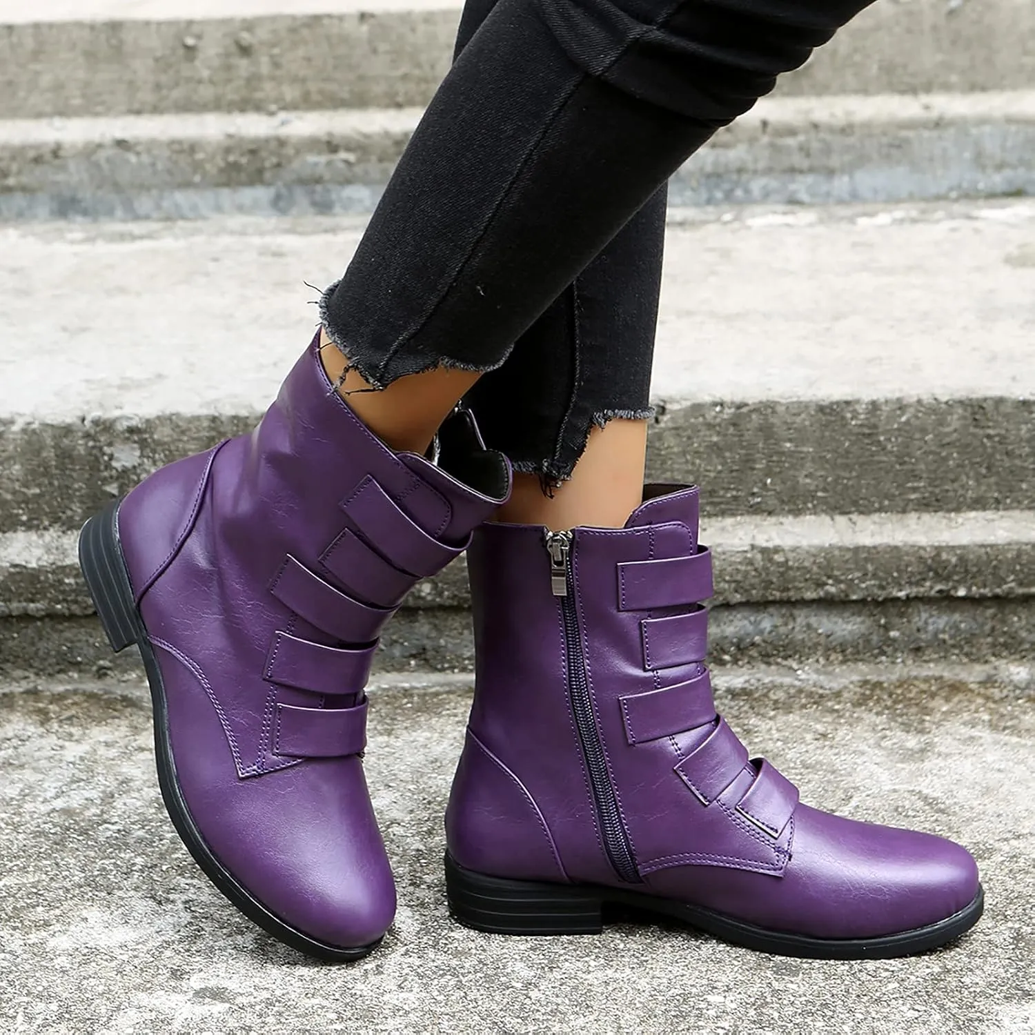oiangi Ankle Boots for Women Low Heel Fashion Round Toe Solid Straps Side Zipper Medium Tube Low Heel Short Boots Casual Indoor Outdoor Ladies Shoes