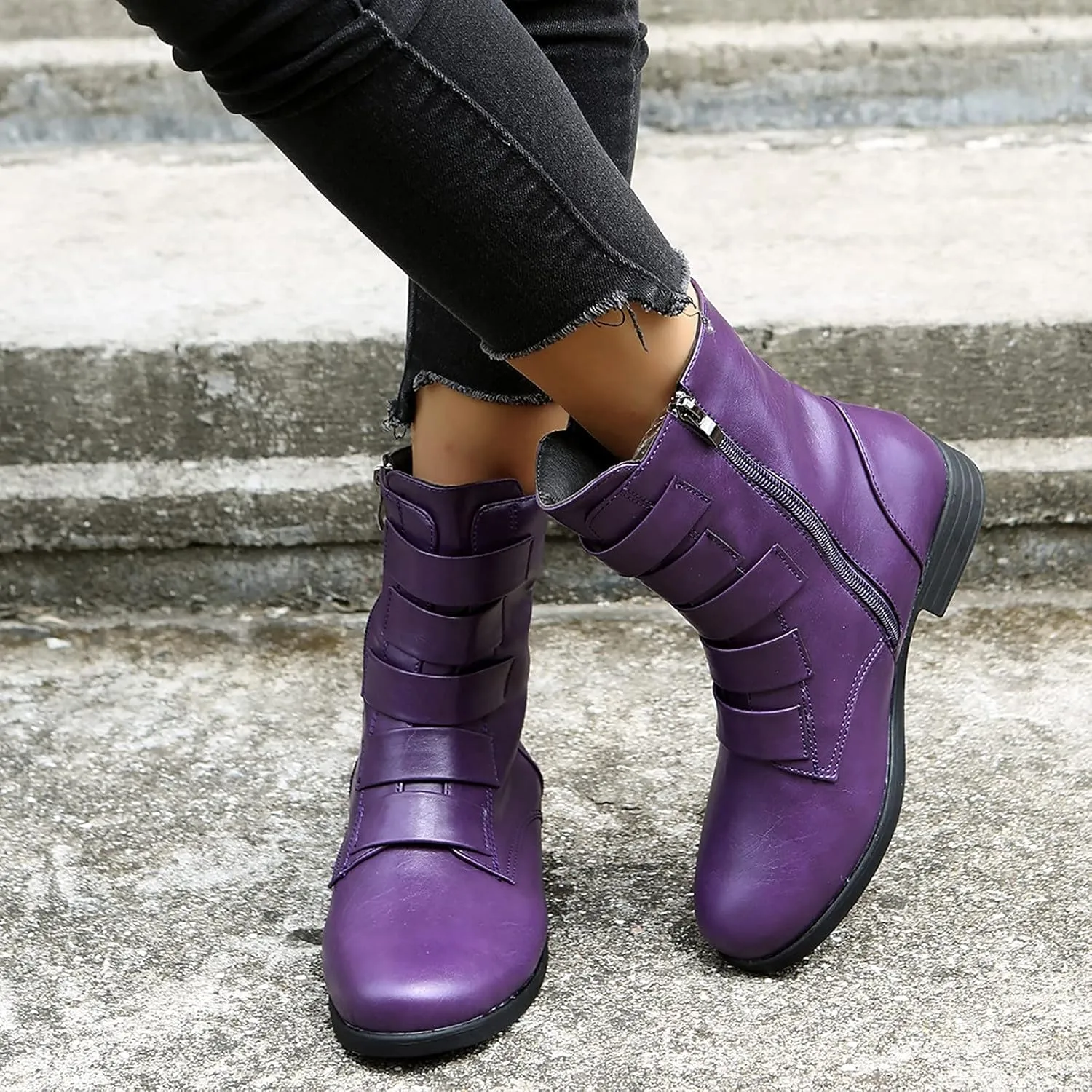 oiangi Ankle Boots for Women Low Heel Fashion Round Toe Solid Straps Side Zipper Medium Tube Low Heel Short Boots Casual Indoor Outdoor Ladies Shoes