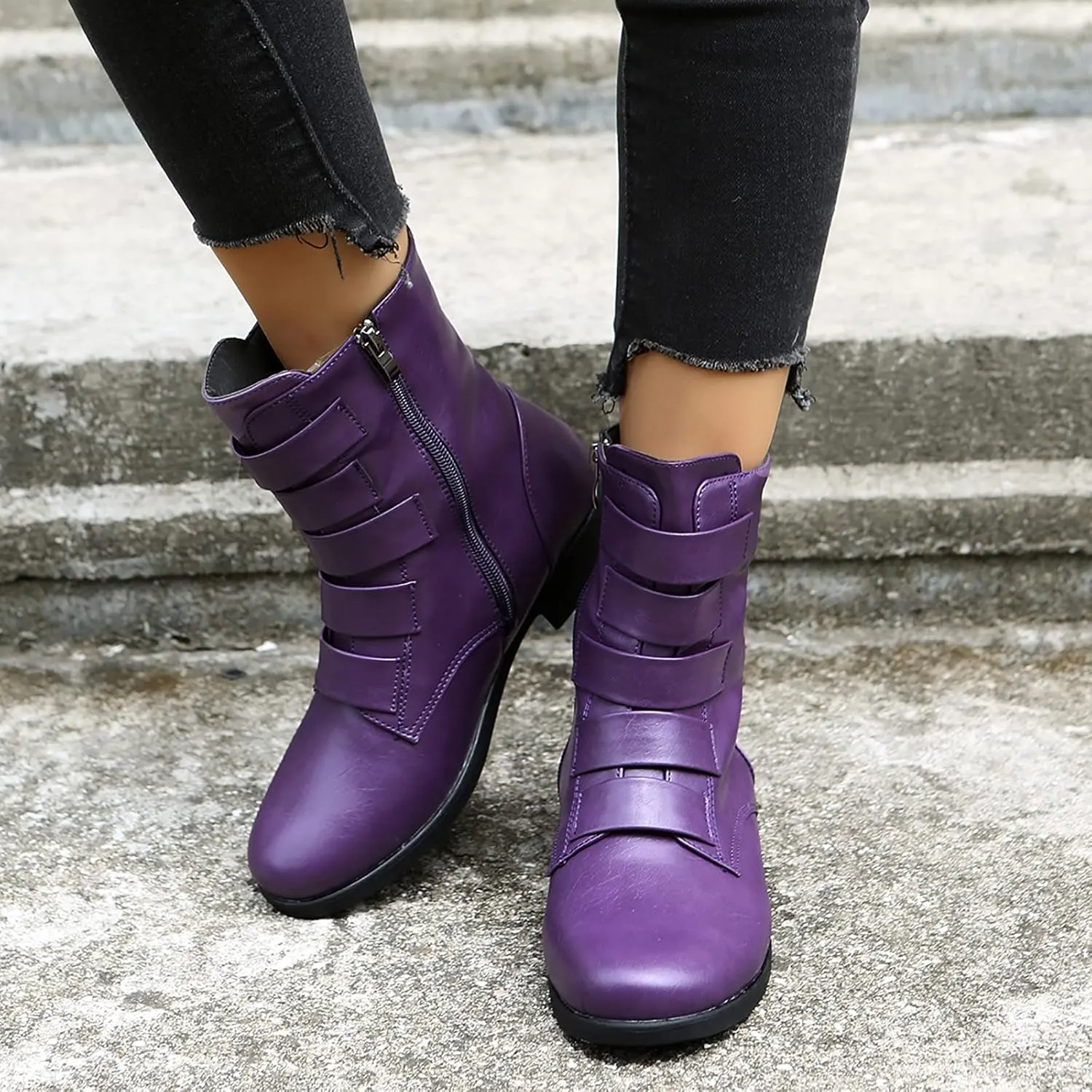 oiangi Ankle Boots for Women Low Heel Fashion Round Toe Solid Straps Side Zipper Medium Tube Low Heel Short Boots Casual Indoor Outdoor Ladies Shoes