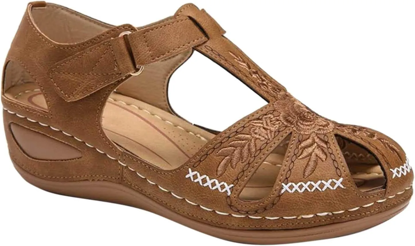 oiangi Soft Wedge Sandals for Women Comfortable Flower Embroidery Hollow Closed Toe Hook and Loop Slides Sandals Summer Sewing Thread Platform Casual Shoes Slippers