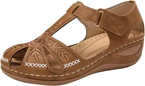 oiangi Soft Wedge Sandals for Women Comfortable Flower Embroidery Hollow Closed Toe Hook and Loop Slides Sandals Summer Sewing Thread Platform Casual Shoes Slippers