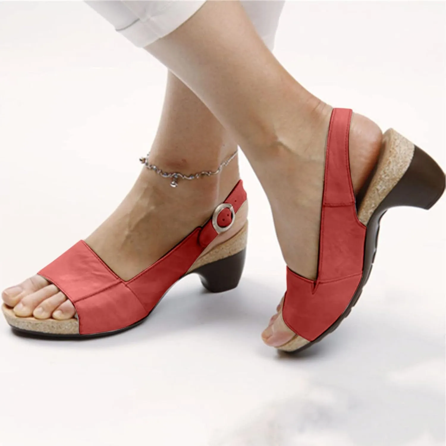 oiangi Womens Summer Thick Heel Sandals Fashion Ankle Straps Buckle Open Toe Low Chunky Heel Sandals Comfortable Casual Ladies Slingback Shoes Slipper