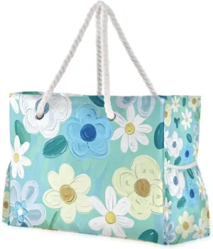 Oil Painting with Blue-green Flowers Travel Duffel Bag, Sports Waterproof Sandproof with side pockets Large Tote Travel Bag for work