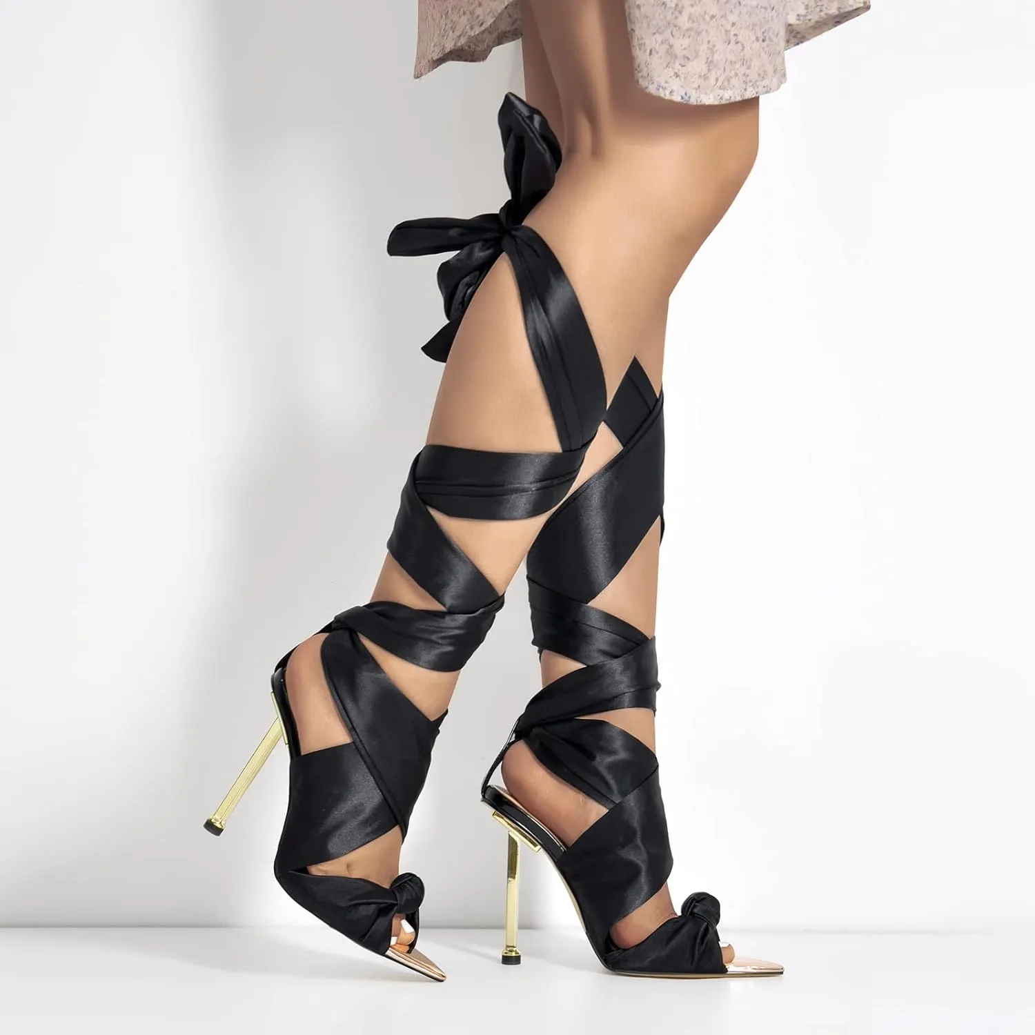 onlymaker Women's Bowknots Strap Sandals Pointed Open Toe Metal Stiletto High Heel Lace-up Sandals