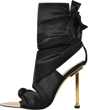 onlymaker Women's Bowknots Strap Sandals Pointed Open Toe Metal Stiletto High Heel Lace-up Sandals