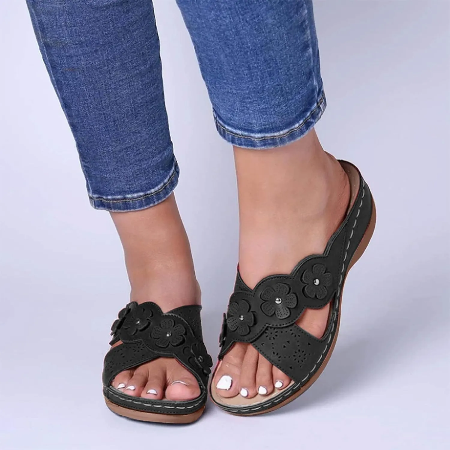 Orthopedic Wedge Sandals for Women Dressy Summer Walking Sandals Open Toe Beach Sandals Cross Strap Flowers Slides