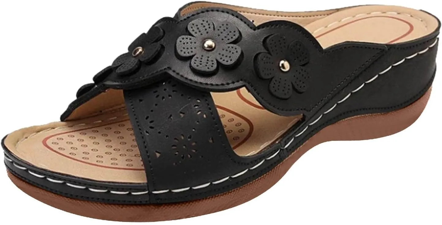 Orthopedic Wedge Sandals for Women Dressy Summer Walking Sandals Open Toe Beach Sandals Cross Strap Flowers Slides