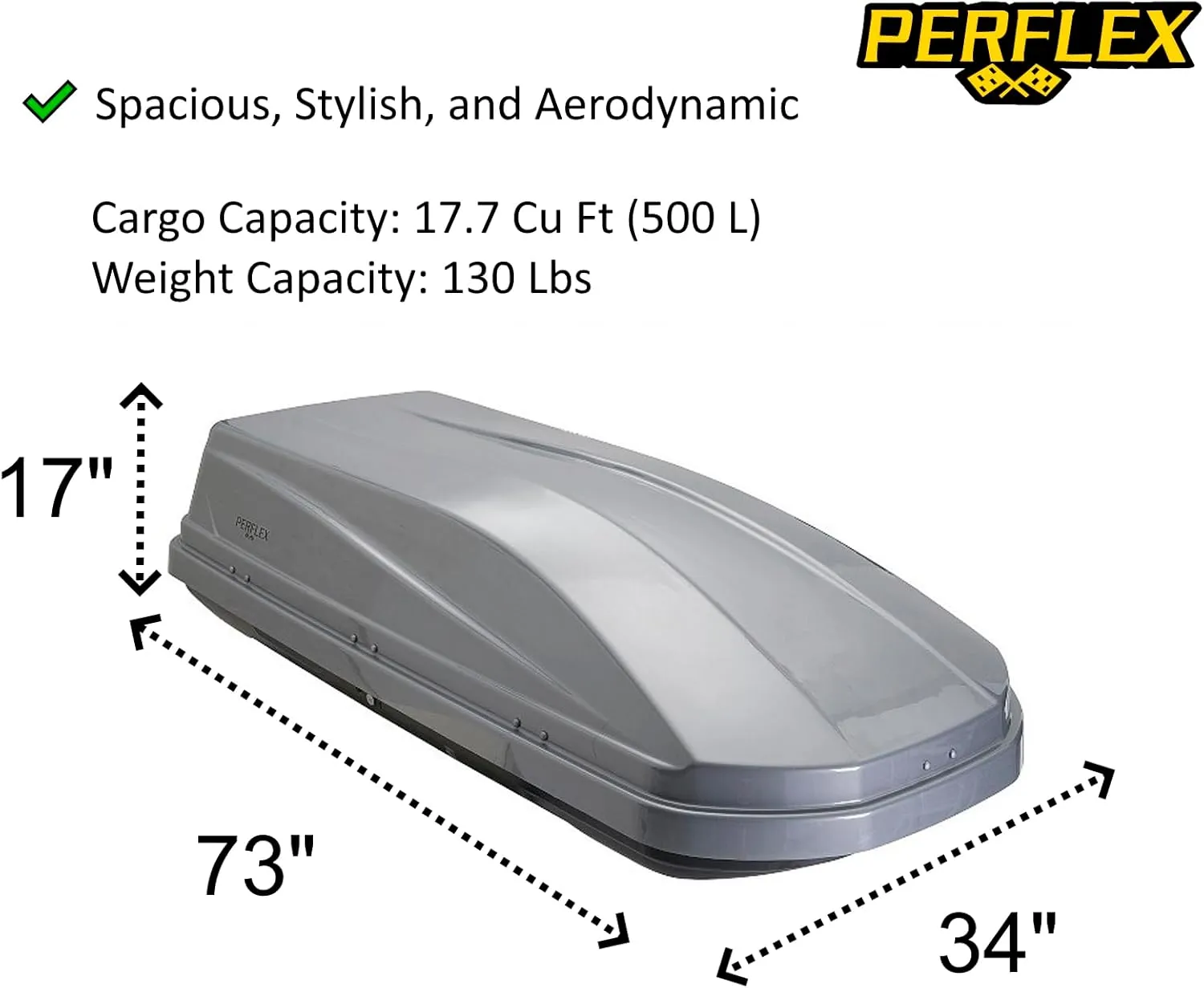 Perflex Exclusive Rooftop Cargo Box Carrier Large 17.7 Cubic Feet Car Top Mount Travel Luggage Storage, Dual Side Opening, 130 Lbs Weight Capacity, Extra Keys, Straps (Silver)