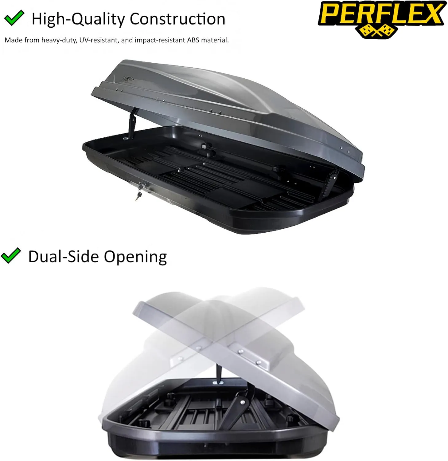 Perflex Exclusive Rooftop Cargo Box Carrier Large 17.7 Cubic Feet Car Top Mount Travel Luggage Storage, Dual Side Opening, 130 Lbs Weight Capacity, Extra Keys, Straps (Silver)