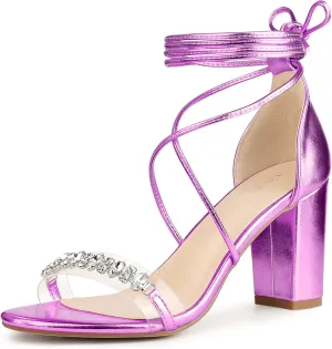 Perphy Crystal Rhinestones Strap Lace Up Chunky Heel Sandals for Women