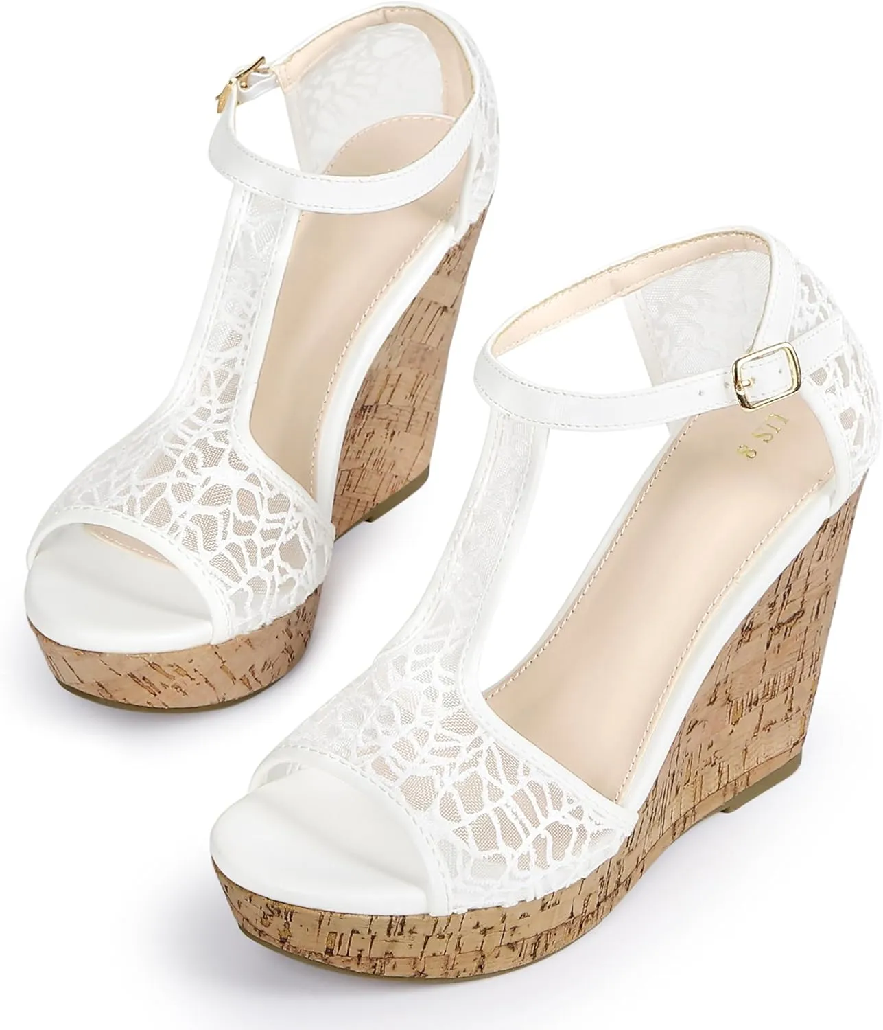 Perphy Lace Platform Wedges Open Toe T-Strap Wedge Heels Sandals for Women