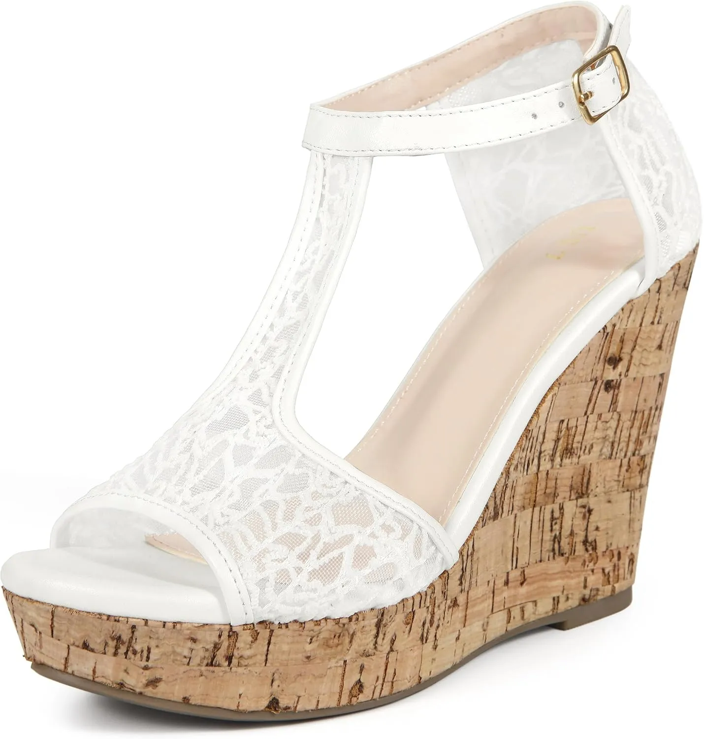Perphy Lace Platform Wedges Open Toe T-Strap Wedge Heels Sandals for Women