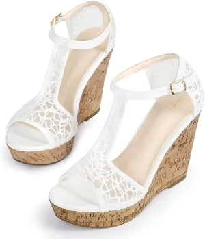 Perphy Lace Platform Wedges Open Toe T-Strap Wedge Heels Sandals for Women