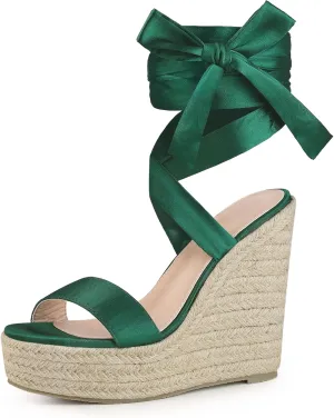 Perphy Platform Bow Ankle Tie Espadrilles Satin Lace Up Wedge Sandals for Women