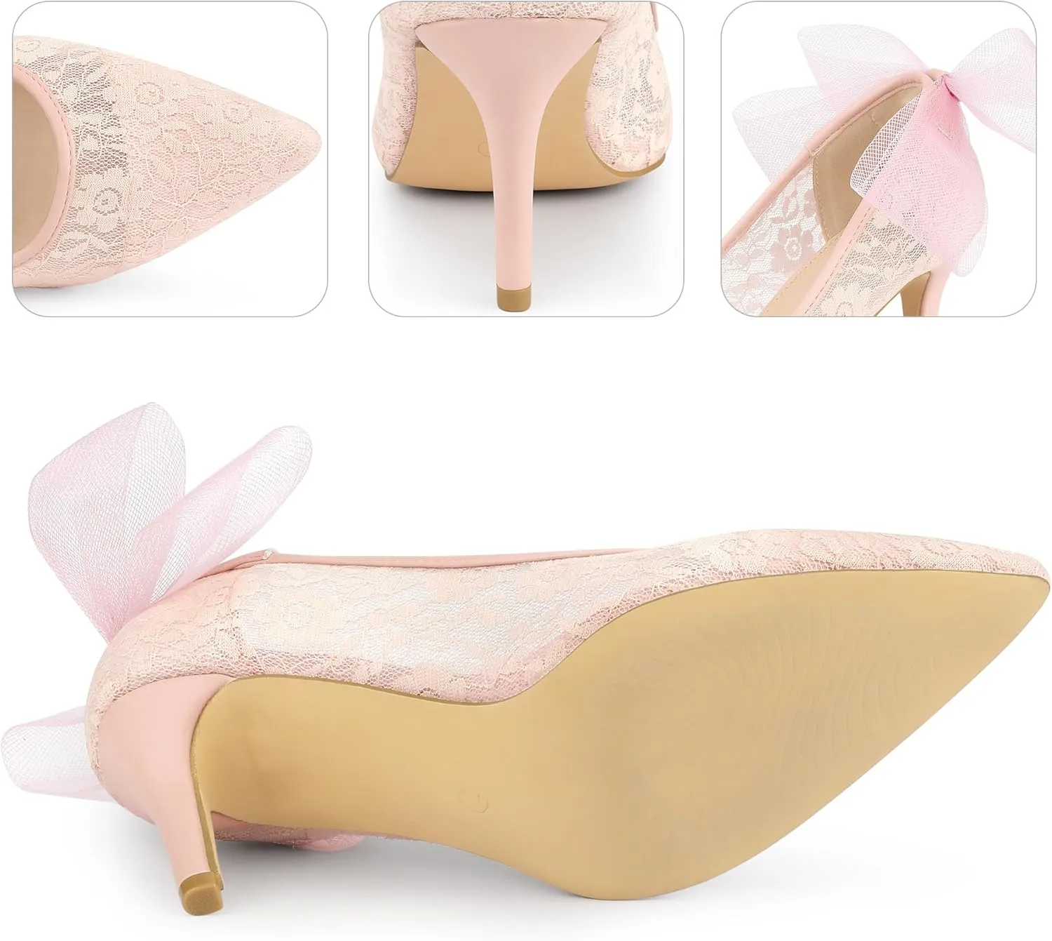 Perphy Pointed Toe Bow Bridal Stiletto Heel Lace Heels Pumps for Women