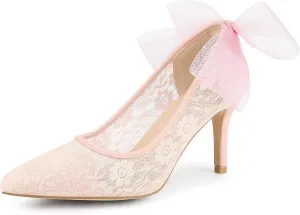 Perphy Pointed Toe Bow Bridal Stiletto Heel Lace Heels Pumps for Women