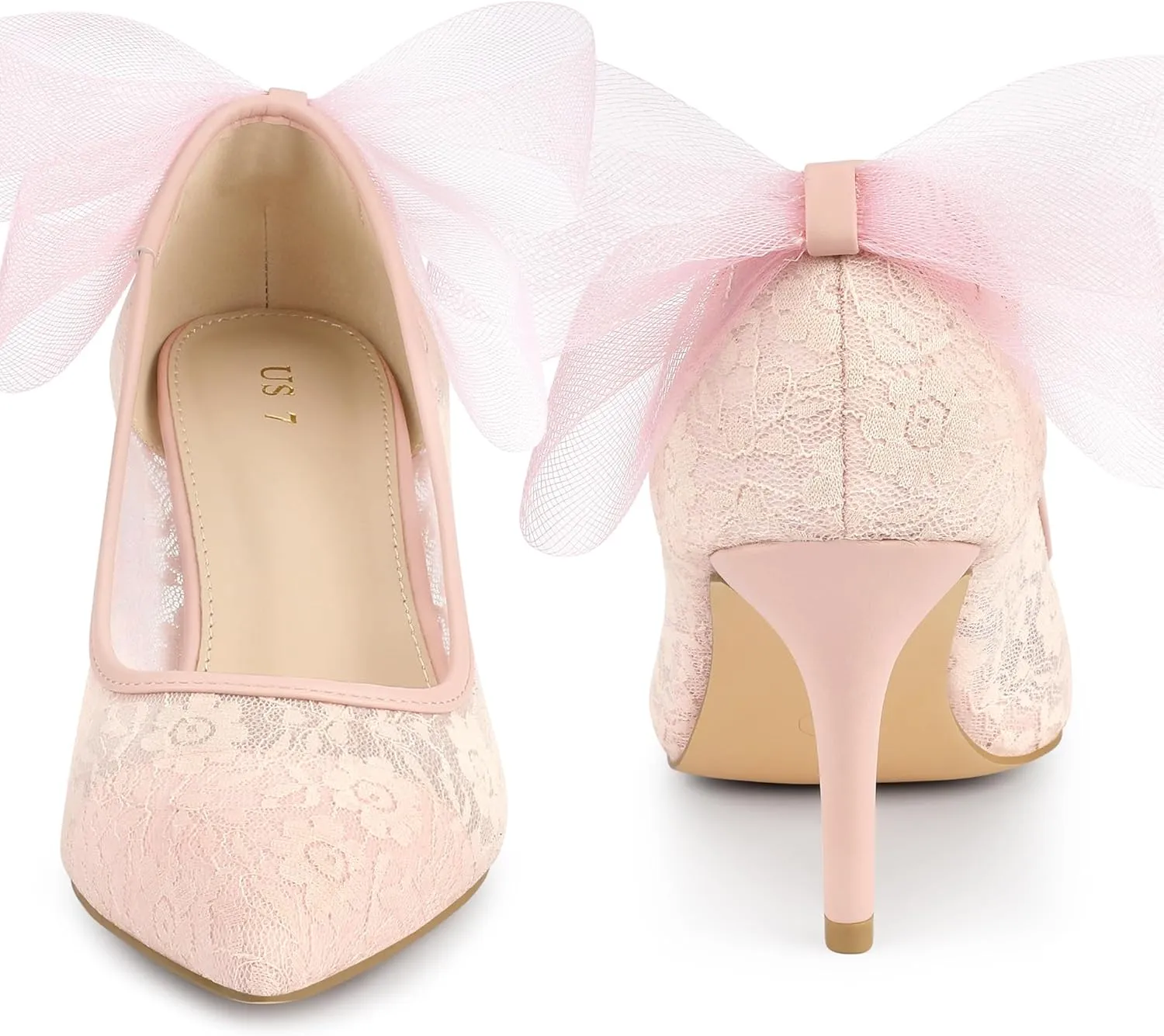 Perphy Pointed Toe Bow Bridal Stiletto Heel Lace Heels Pumps for Women