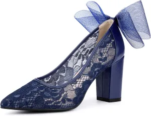 Perphy Pointed Toe Bow Lace Decor Lace Block Heel Pumps for Women