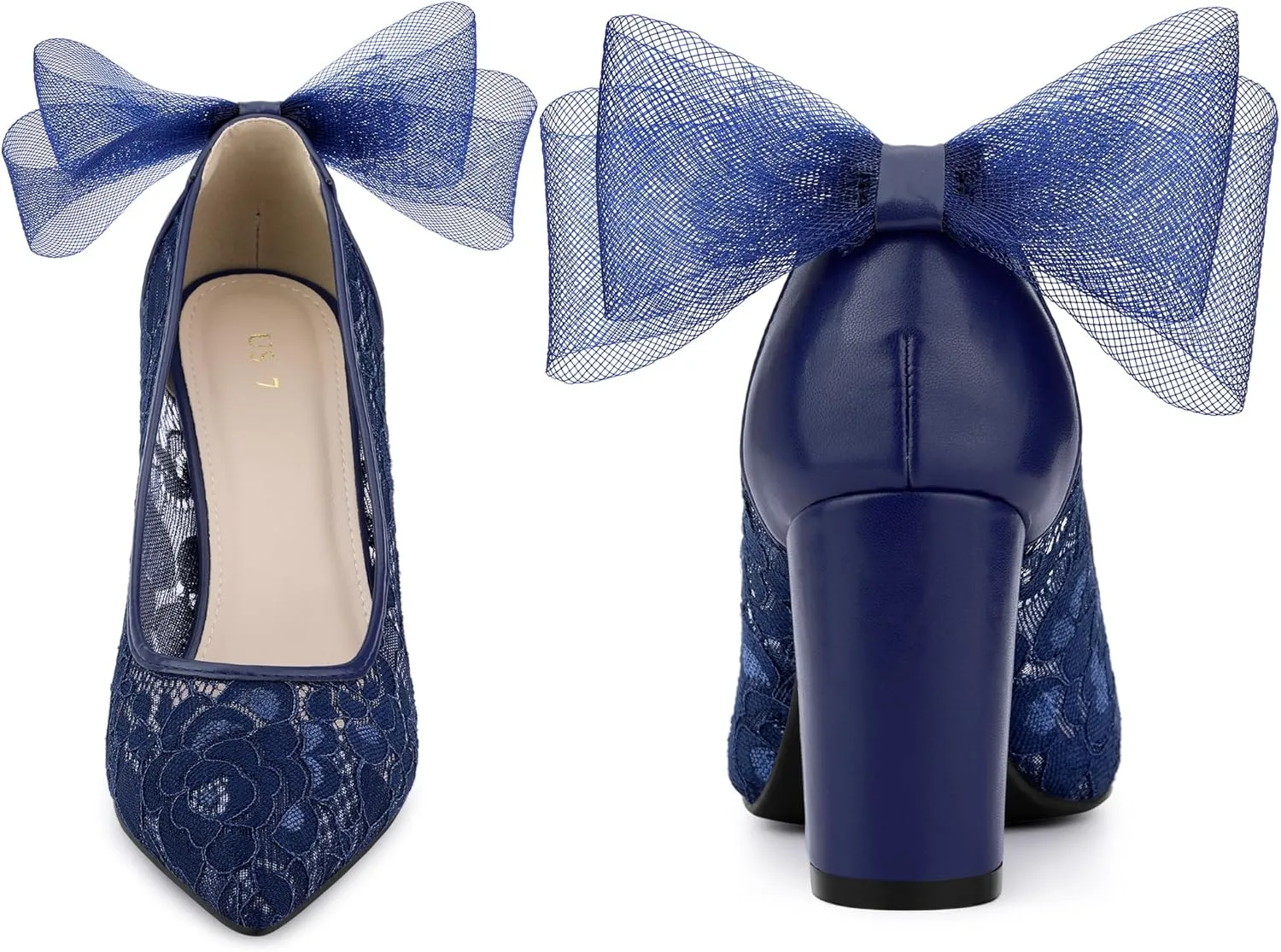 Perphy Pointed Toe Bow Lace Decor Lace Block Heel Pumps for Women