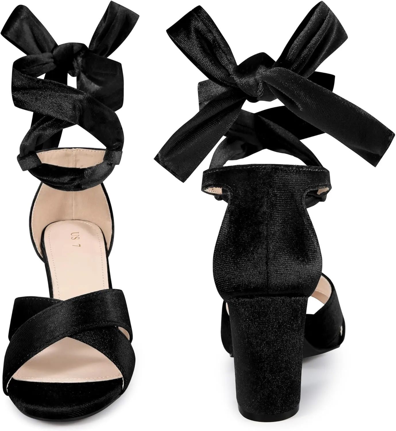 Perphy Velvet Chunky Heel Cross Strap Lace Up Sandals for Women