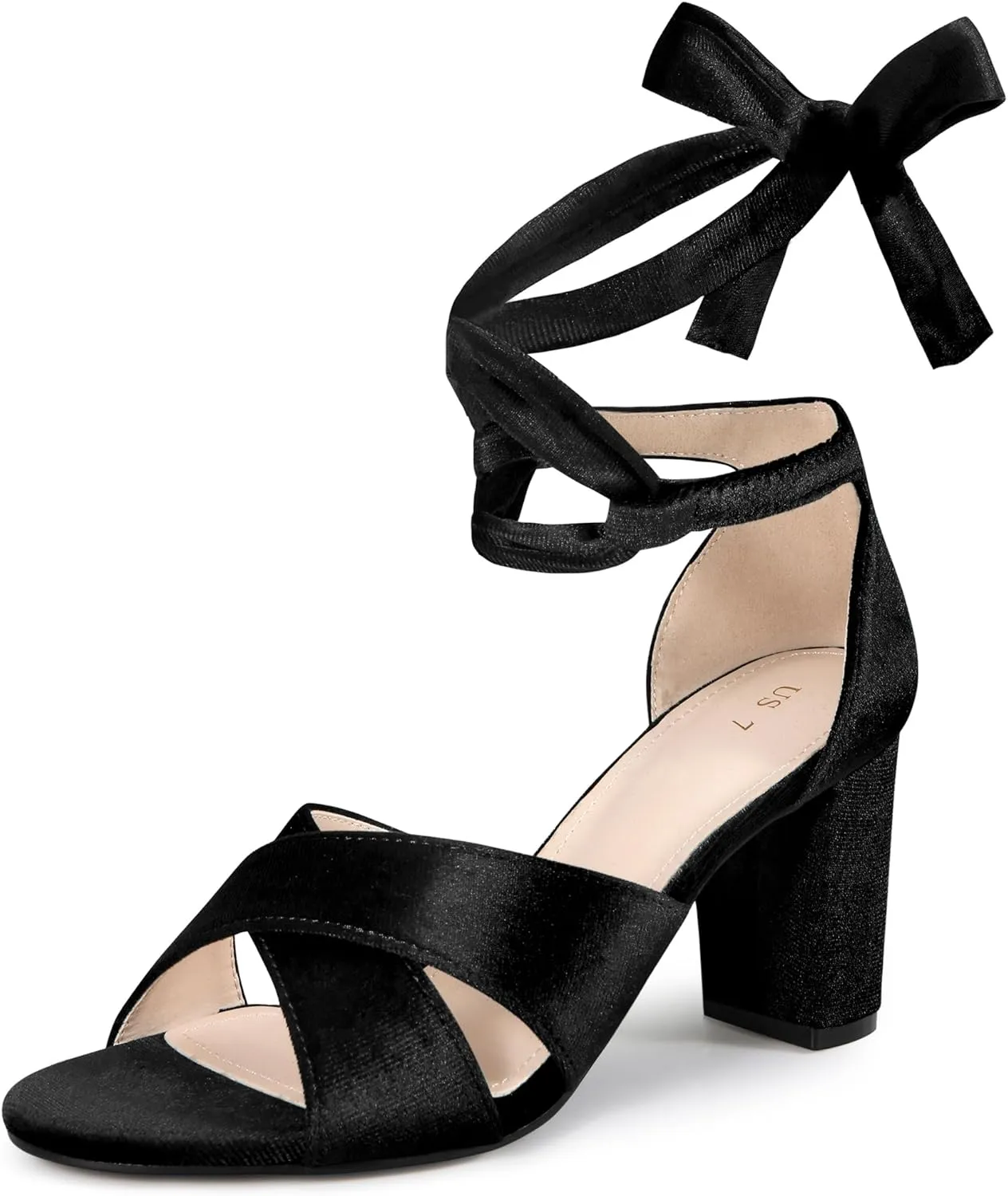 Perphy Velvet Chunky Heel Cross Strap Lace Up Sandals for Women