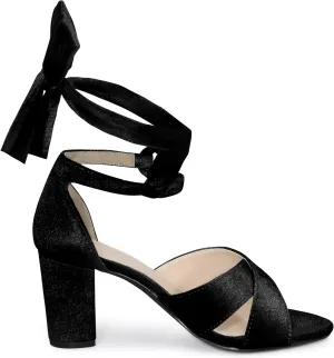 Perphy Velvet Chunky Heel Cross Strap Lace Up Sandals for Women