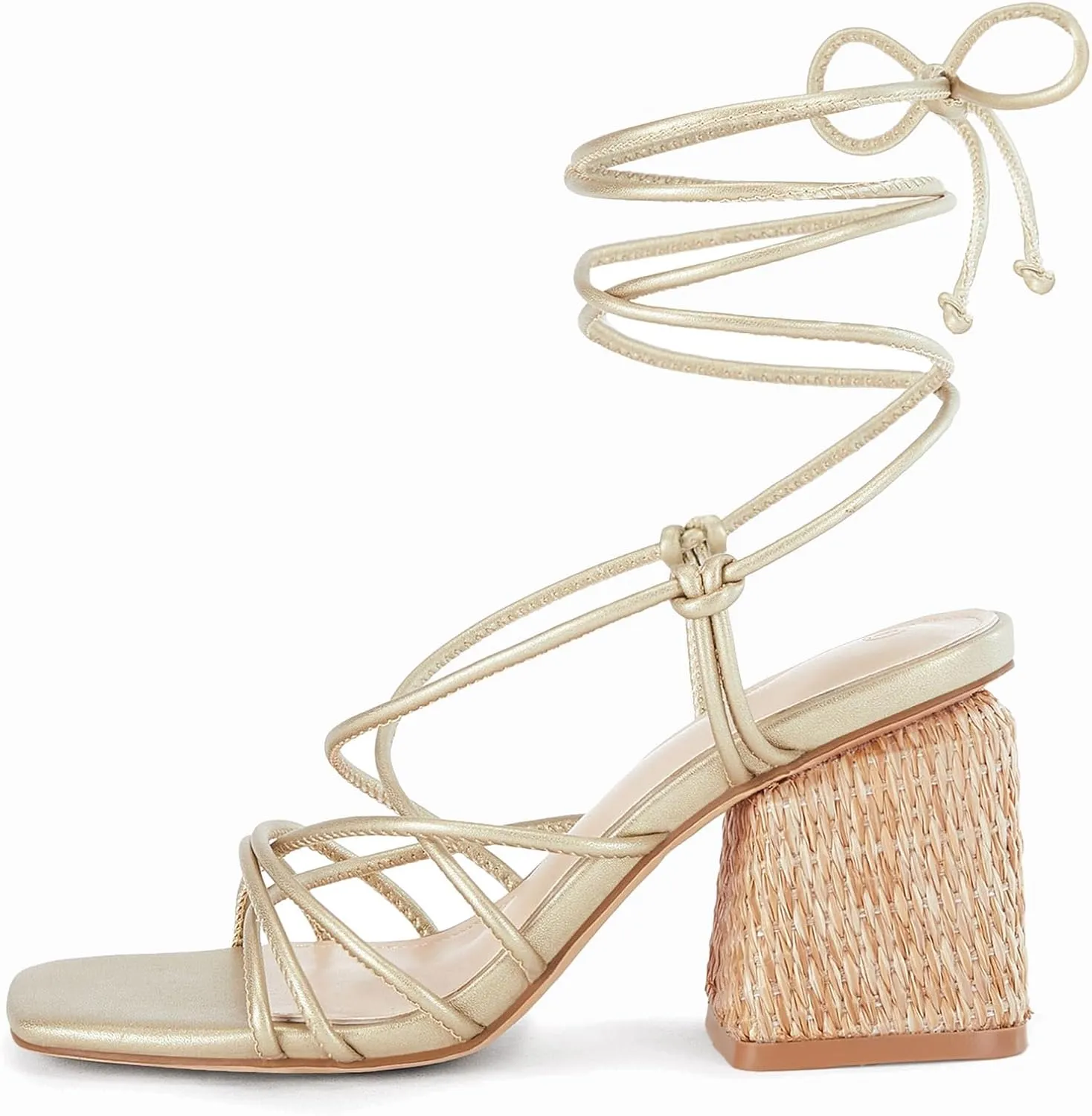 PiePieBuy Women's Lace Up Chunky Braided Heel Sandals Square Toe Strappy Ankle Strap Heels