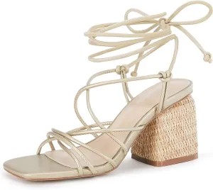 PiePieBuy Women's Lace Up Chunky Braided Heel Sandals Square Toe Strappy Ankle Strap Heels