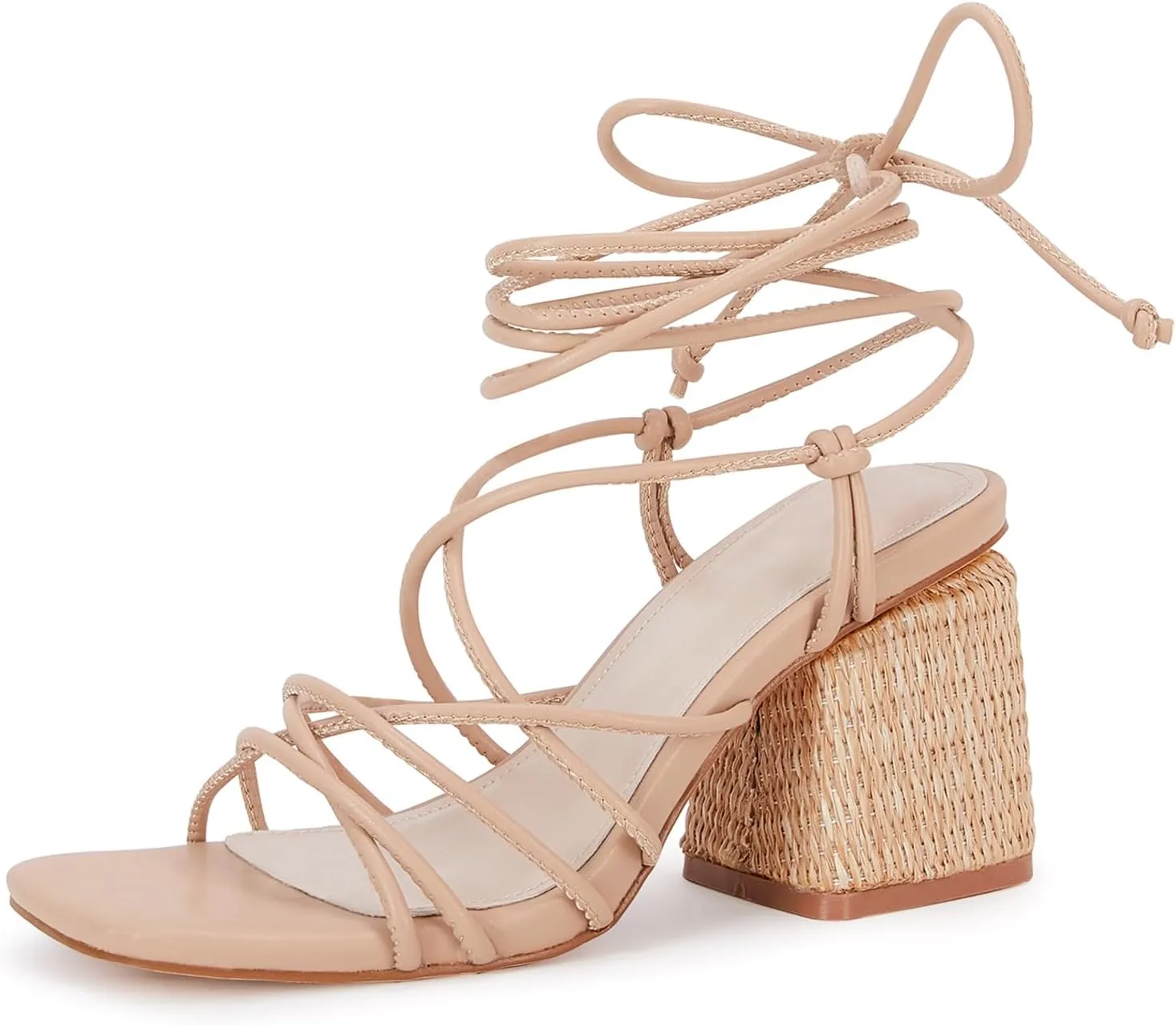 PiePieBuy Women's Lace Up Chunky Braided Heel Sandals Square Toe Strappy Ankle Strap Heels