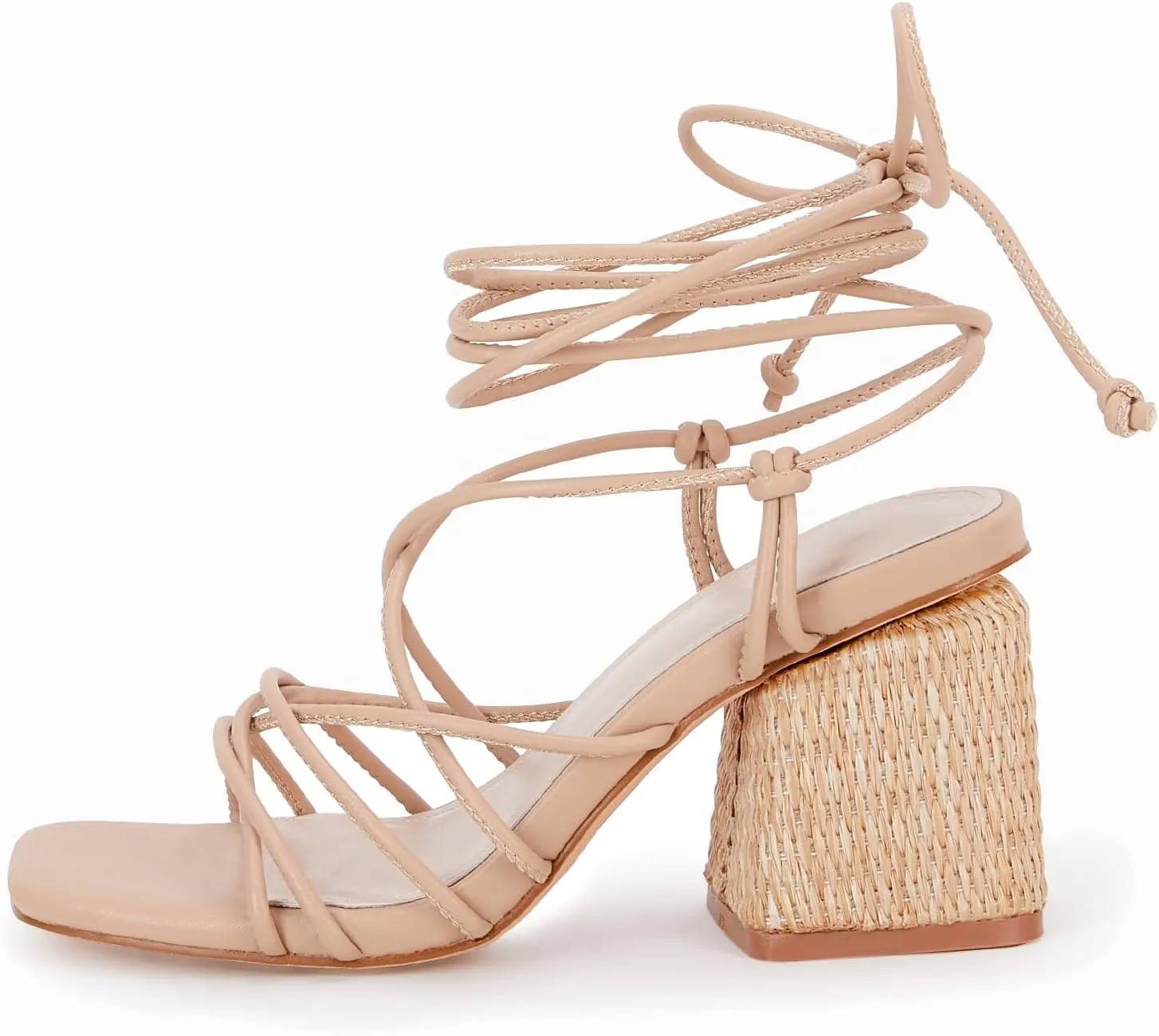 PiePieBuy Women's Lace Up Chunky Braided Heel Sandals Square Toe Strappy Ankle Strap Heels