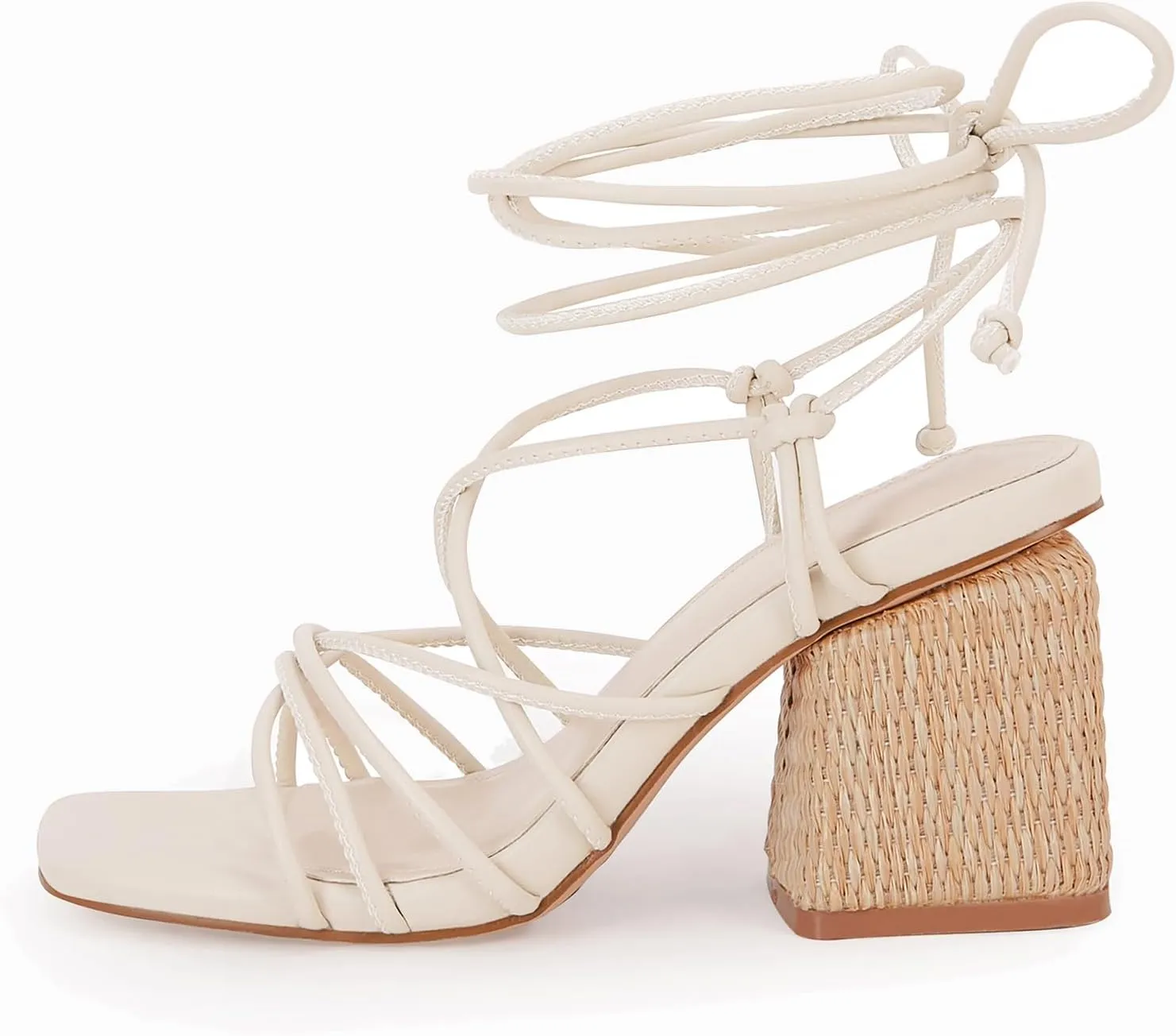 PiePieBuy Women's Lace Up Chunky Braided Heel Sandals Square Toe Strappy Ankle Strap Heels