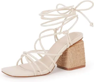 PiePieBuy Women's Lace Up Chunky Braided Heel Sandals Square Toe Strappy Ankle Strap Heels