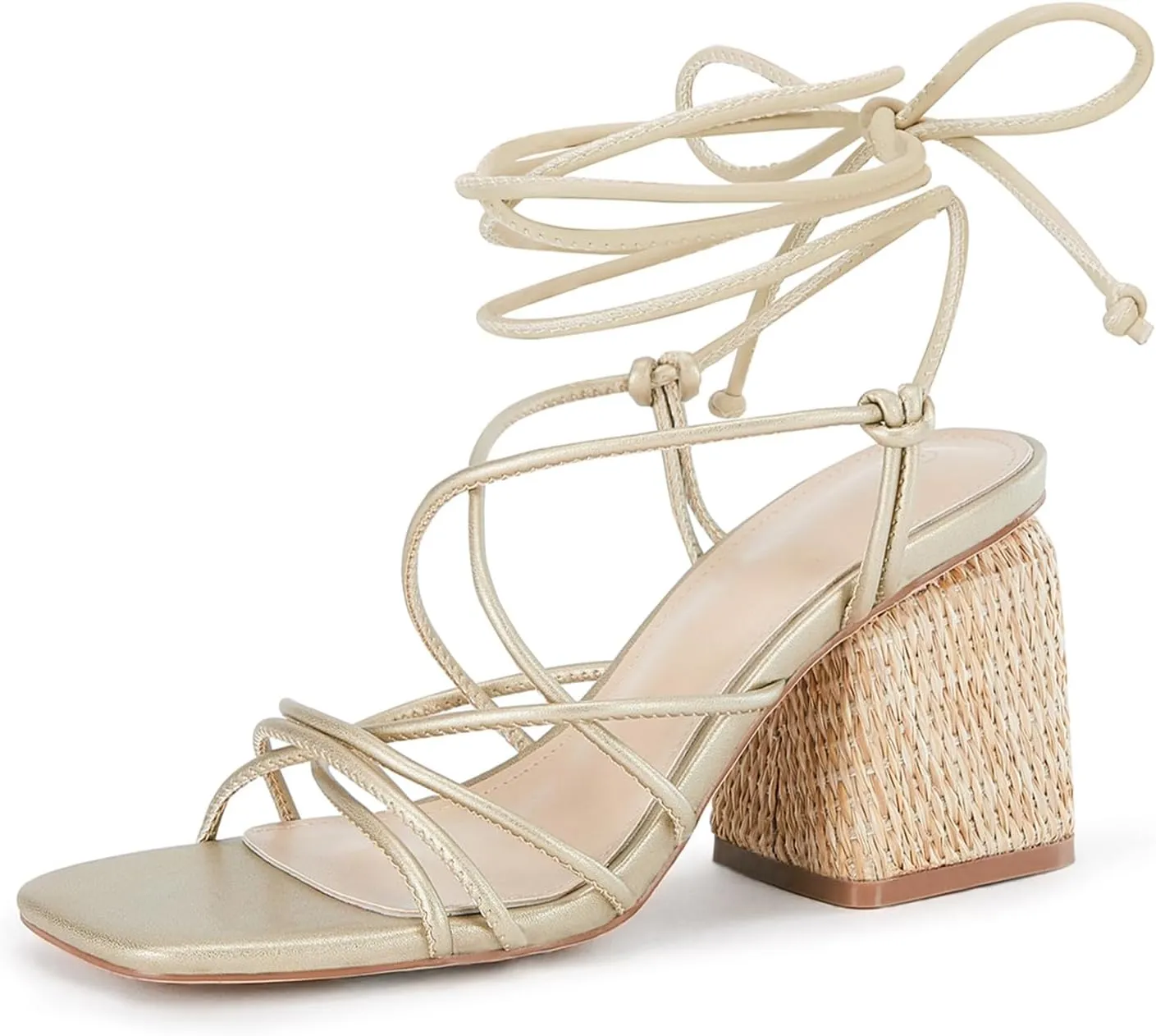 PiePieBuy Women's Lace Up Chunky Braided Heel Sandals Square Toe Strappy Ankle Strap Heels