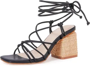PiePieBuy Women's Lace Up Chunky Braided Heel Sandals Square Toe Strappy Ankle Strap Heels