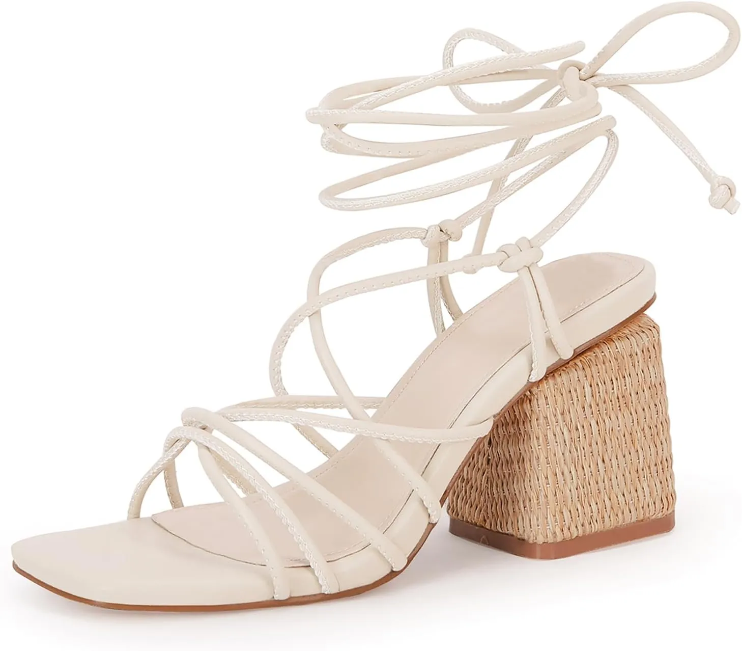 PiePieBuy Women's Lace Up Chunky Braided Heel Sandals Square Toe Strappy Ankle Strap Heels