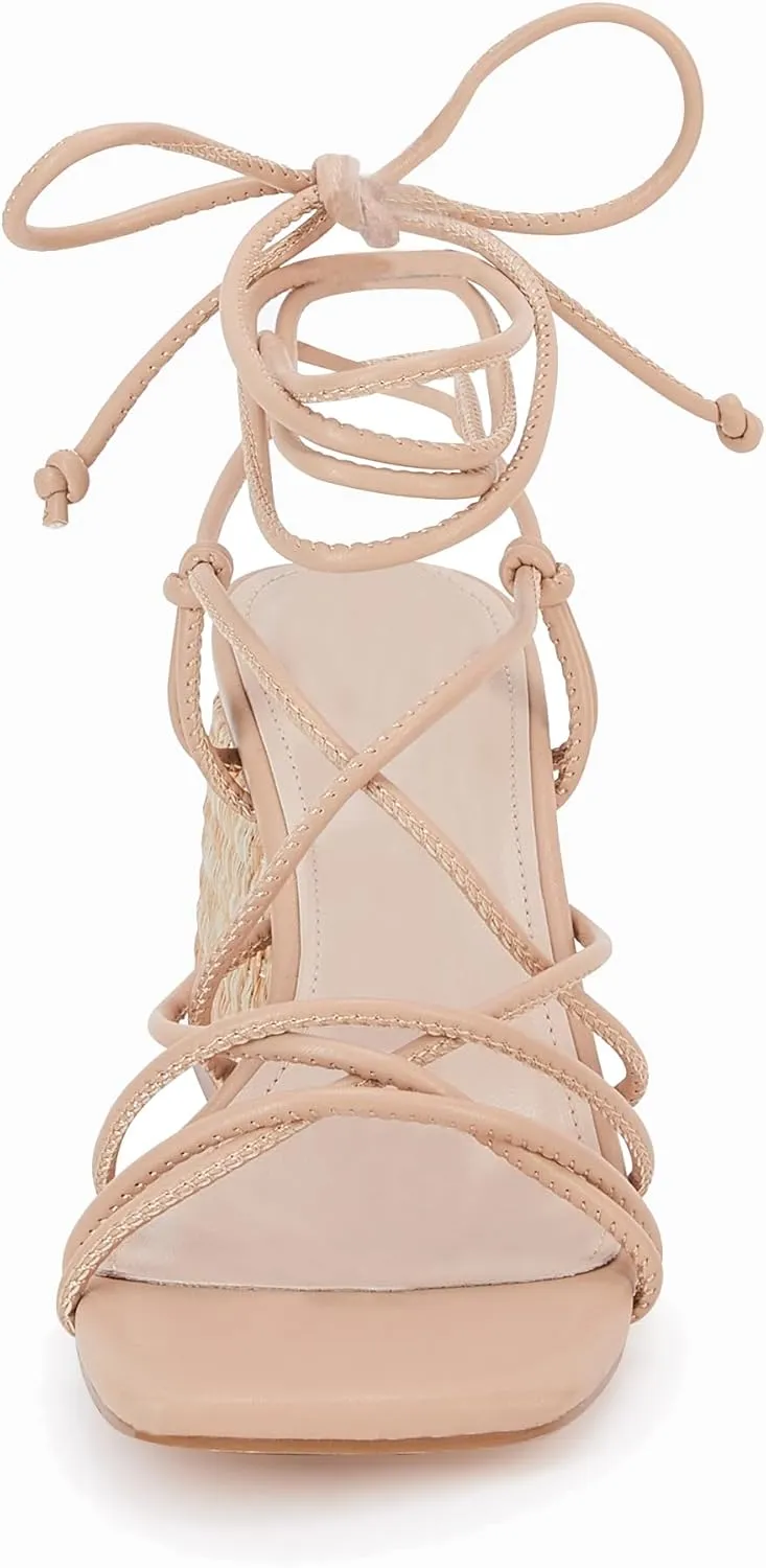 PiePieBuy Women's Lace Up Chunky Braided Heel Sandals Square Toe Strappy Ankle Strap Heels