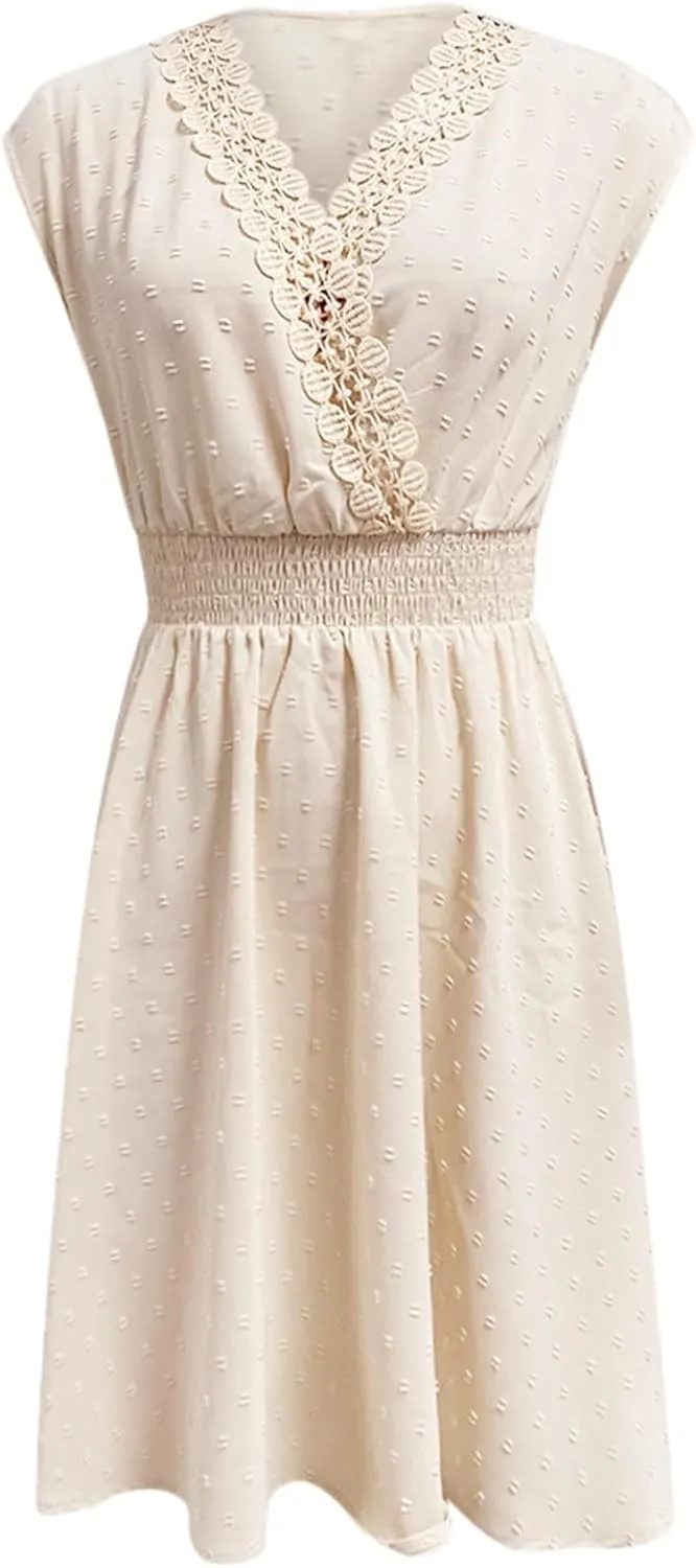 Plus Size Dress for Women Spring/Summer French Resort Style V Neck with Lace Trim Cutout A-Line Design Elegant and