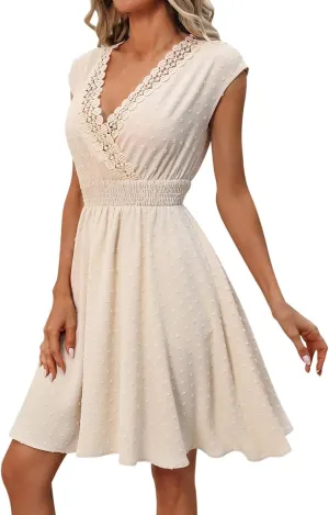 Plus Size Dress for Women Spring/Summer French Resort Style V Neck with Lace Trim Cutout A-Line Design Elegant and